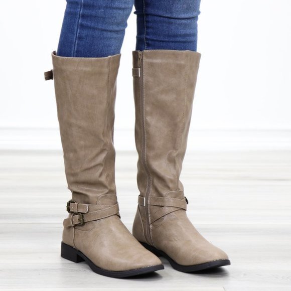 Taupe Rider Chick Mid Calf Boots With Buckles - Picture 7 of 11